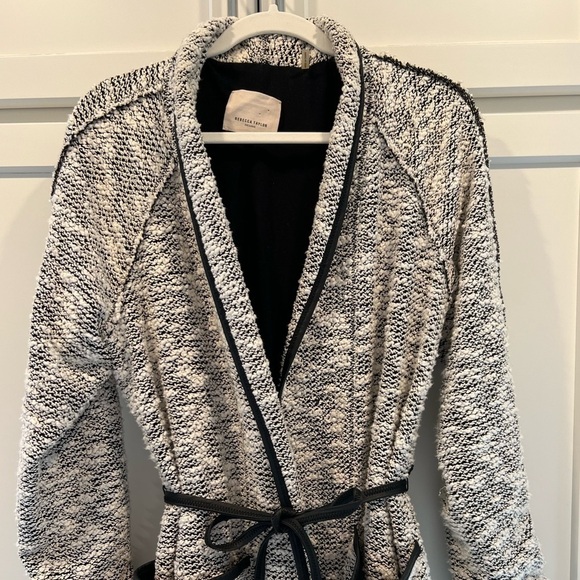 Rebecca Taylor Longline Tweed Sweater Jacket with Faux Leather Trim. Size 12. - Picture 3 of 13